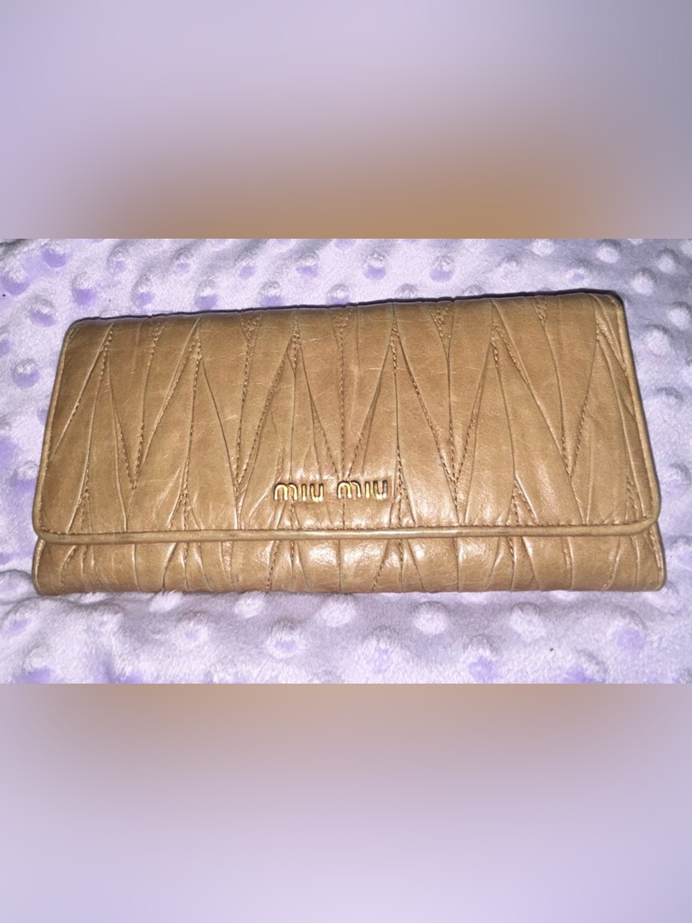 Miu Miu Quilted Tan Leather Continental Wallet with Gold Logo